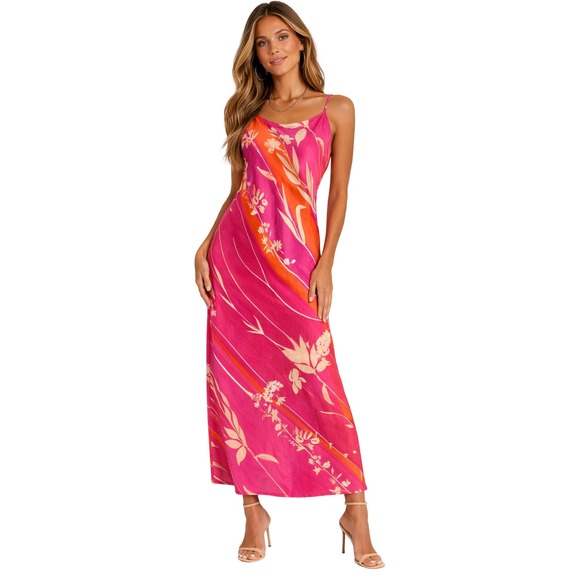 Natori Dresses & Skirts - Natori Pink Orange Floral Diagonal Stripe Bias Cut Slip Midi Dress Womens Small